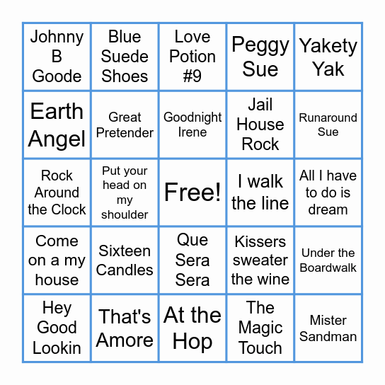 1950s Music Bingo Card