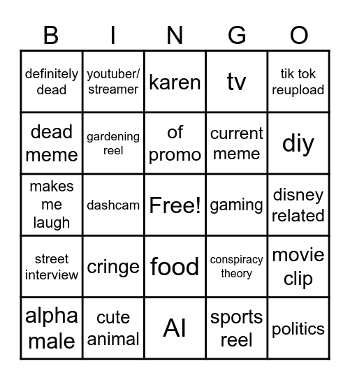 Instagram reel bingo Card