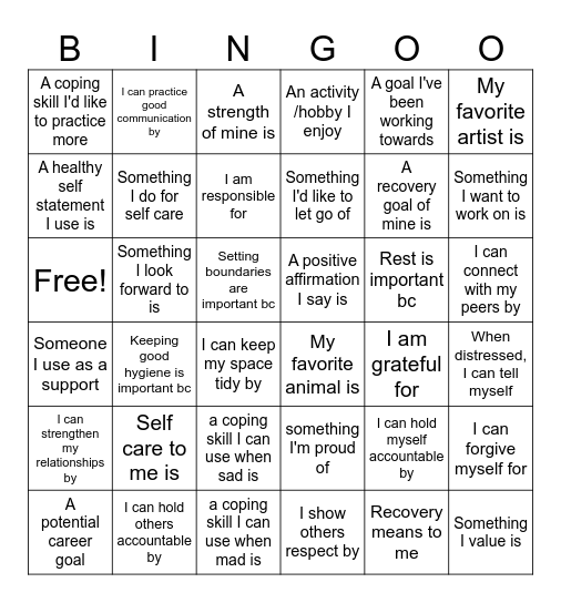 Recovery Bingo BB Bingo Card