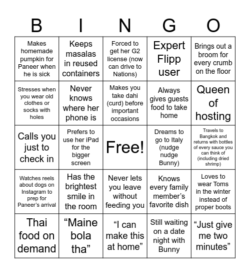 Mala's 60th Birthday Bingo Card