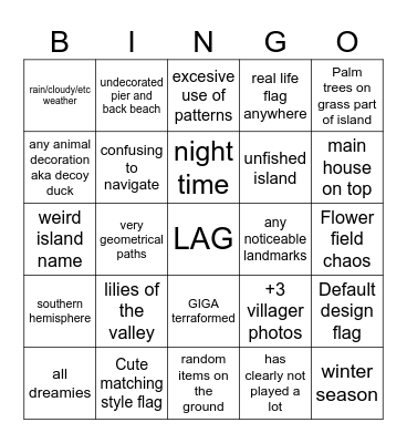 Animal Crossing Dream BINGO Card
