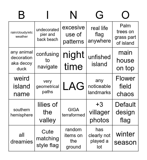 Animal Crossing Dream BINGO Card