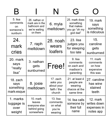 vacation bingo Card