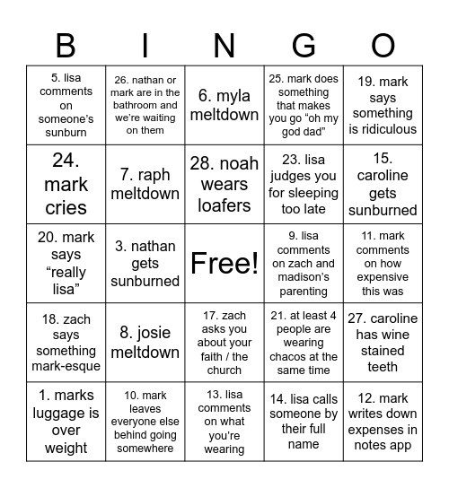 vacation bingo Card