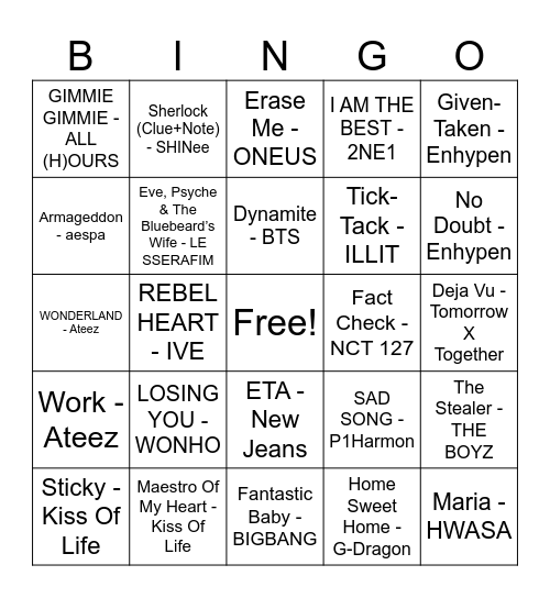 Crème de la K-pop Bingo Card
