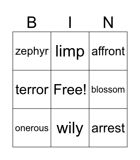 Vocabulary May 26 - June 1 Bingo Card