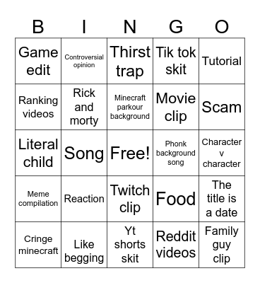 YouTube shorts Bingo Card