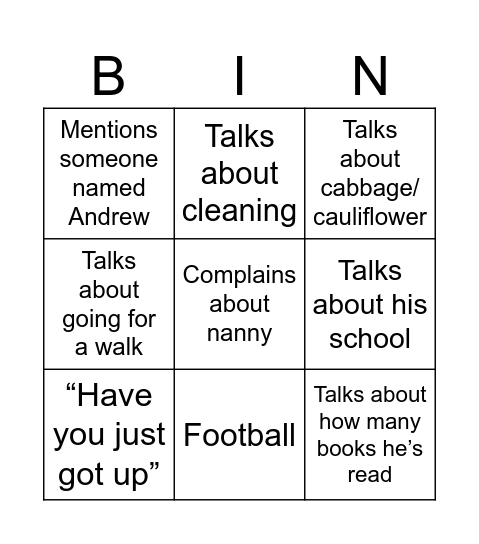 grandad Bingo Card