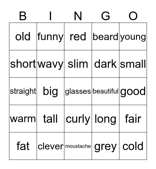 Adjectives Bingo Card