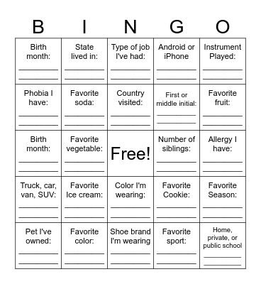 Similarities Bingo Card