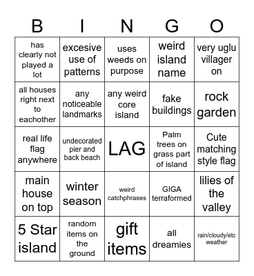 Animal Crossing Dream BINGO Beta Bingo Card
