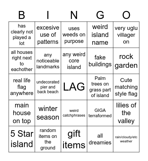 Animal Crossing Dream BINGO Beta Bingo Card
