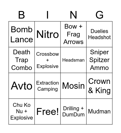 Sweaty Hunt Bingo Card