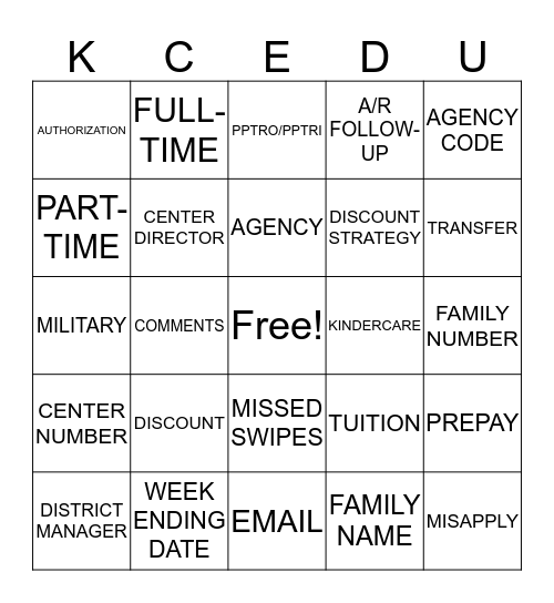 Transfer & Financial Workbooks Bingo Card