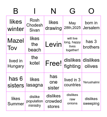 Aviya and Binyomin Bingo Card