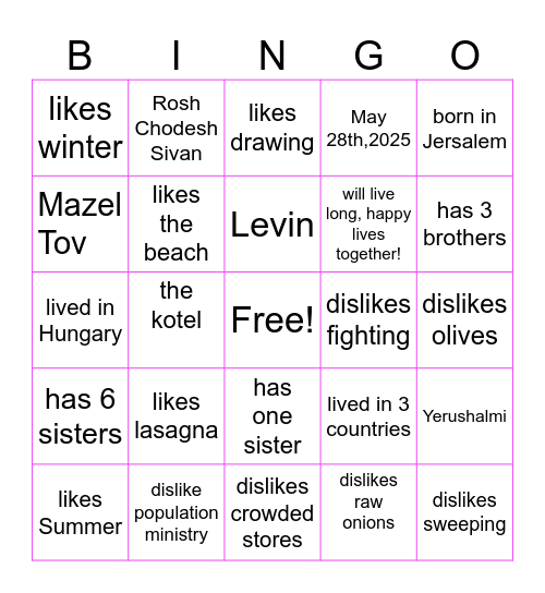 Aviya and Binyomin Bingo Card