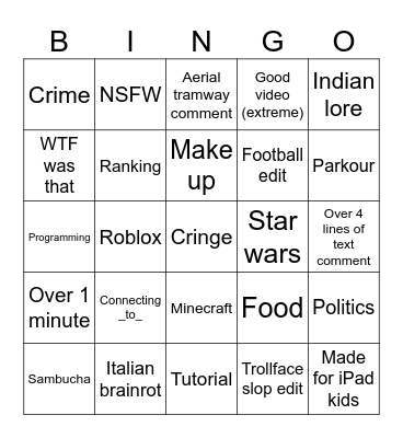 Yt shorts bingo Card