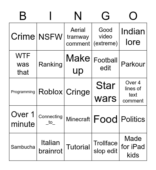 Yt shorts bingo Card