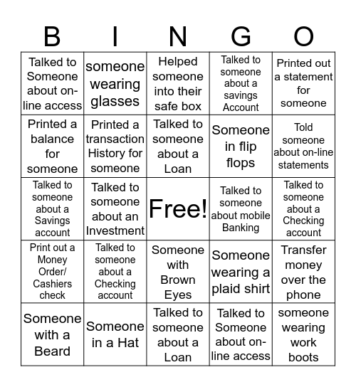 Bank Bingo Card