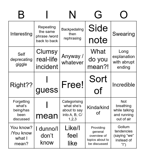 Listening to my girl talk at length about herself bingo card Bingo Card