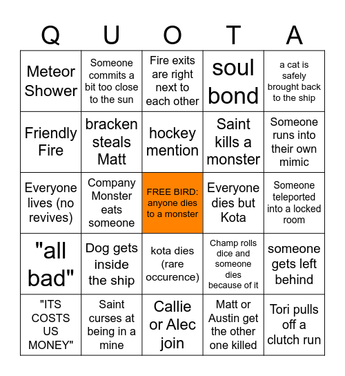 Night Witch Lethal Company Bingo Card