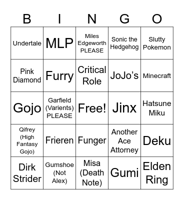 Cosplay Bingo Card