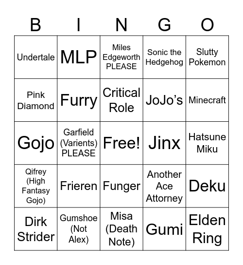 Cosplay Bingo Card
