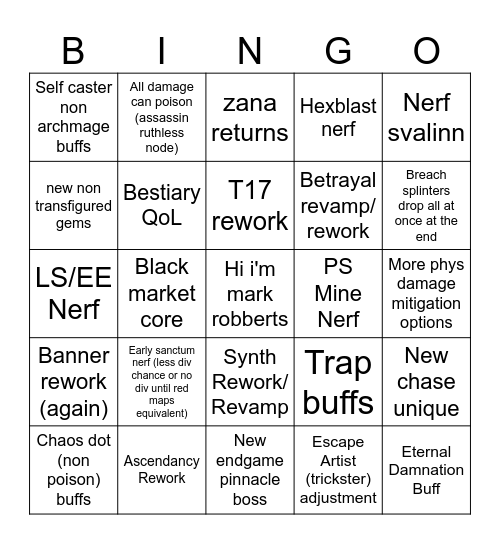 PoE 3.26 Bingo Card