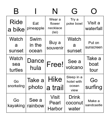 Things to do in Hawai! Bingo Card