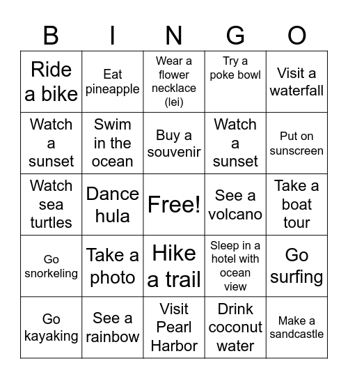 Things to do in Hawai! Bingo Card