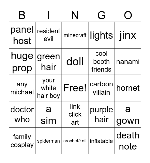 Cosplay Bingo Card