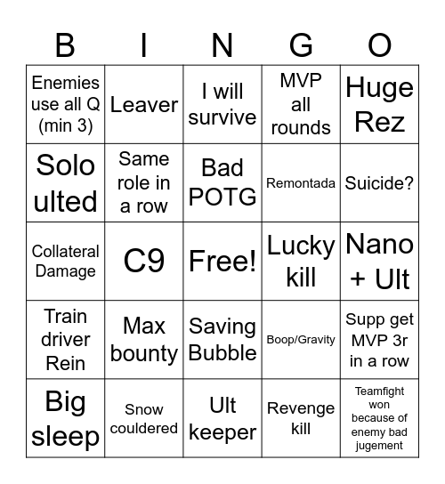 Stadium Overwatch Bingo Card