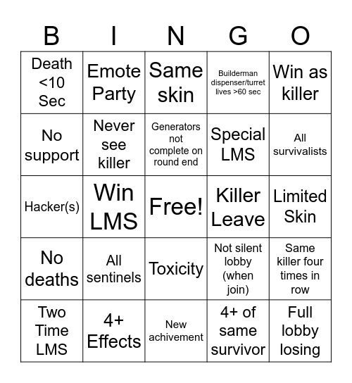 forsaken bingo Card