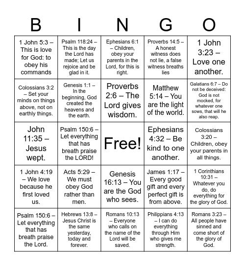 Bible Scriptures Bingo Card