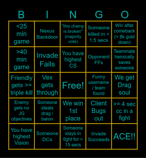 League of Winions Bingo Card