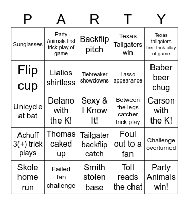 Party Animals vs Texas Tailgaters Bingo Card