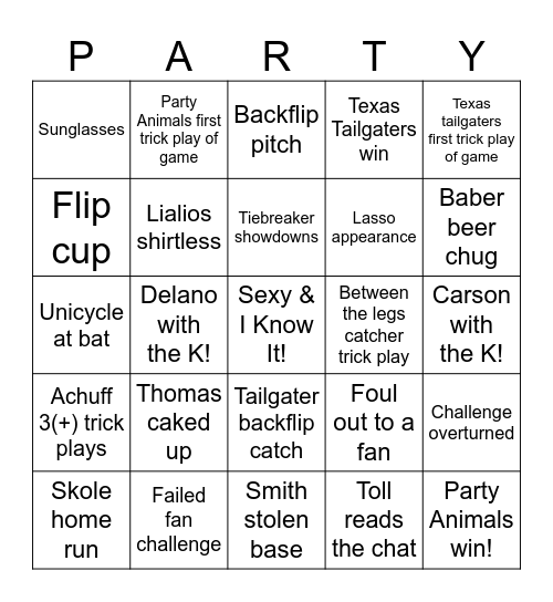 Party Animals vs Texas Tailgaters Bingo Card