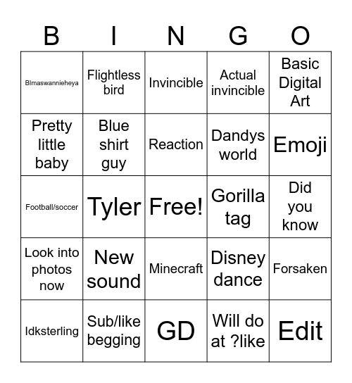 YT shorts bingo Card
