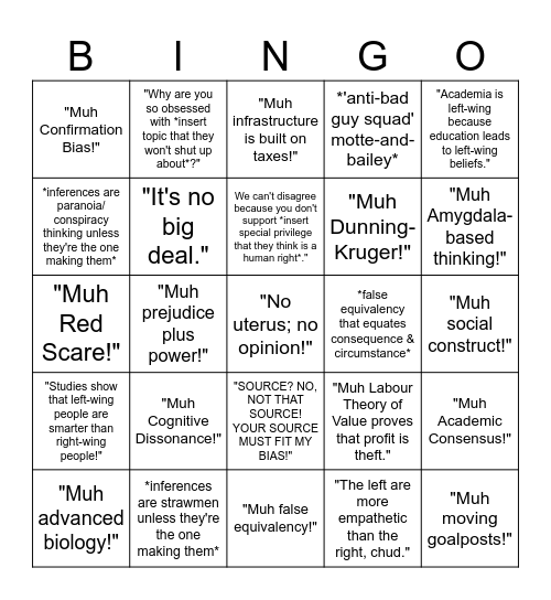 Leftoid Arguments Bingo Card