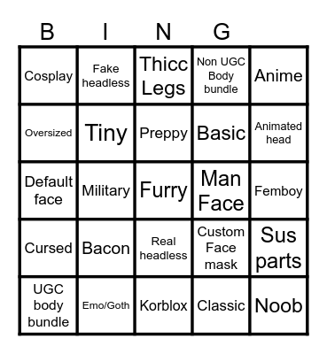 Roblox avatars bingo Card