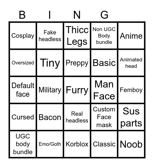 Roblox avatars bingo Card