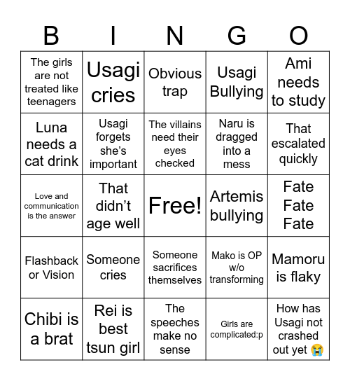 90s Sailor Moon Bingo Card