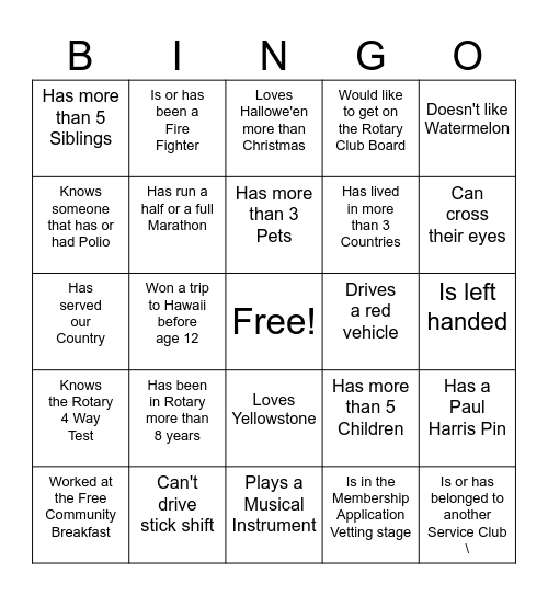 Bonners Ferry Rotary Bingo Card
