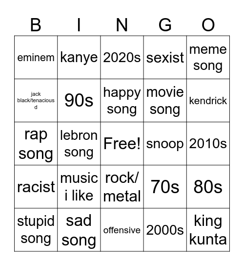 spotify dj bingo Card