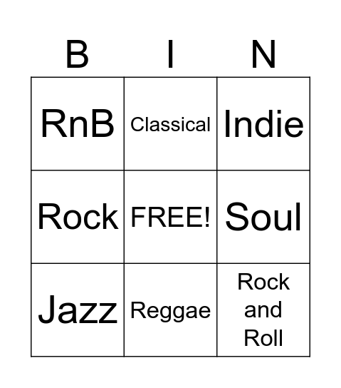 Music Genre Bingo Card