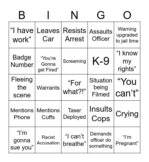 Bodycam Bingo Card