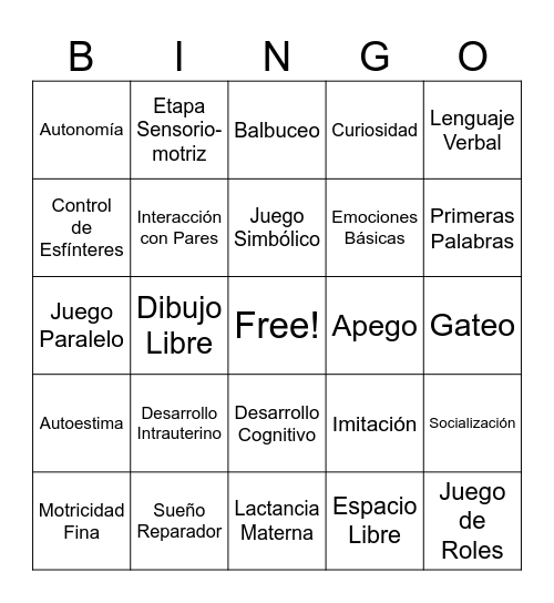 Etapas del desarrollo infantil de 0 a 6 años Bingo Card