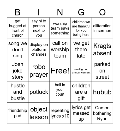 Church Bingo Card