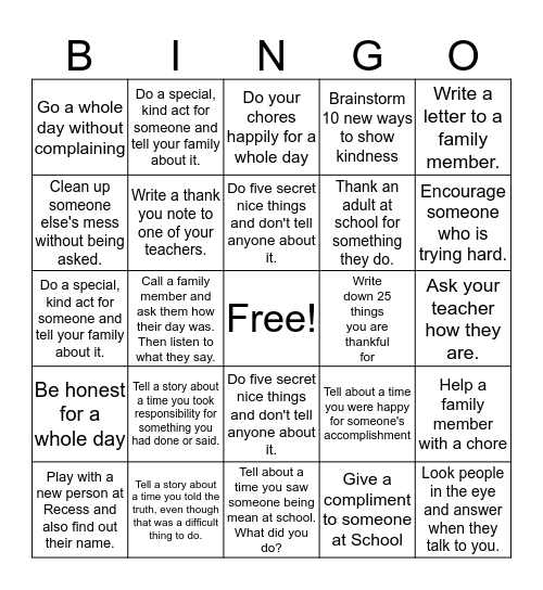 Caden's Kindness Bingo!  Bingo Card