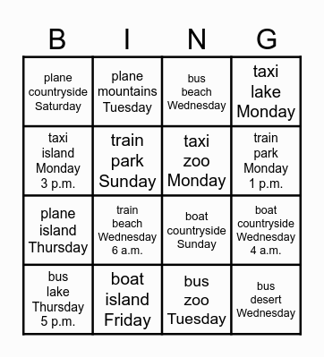transport, places, days of the week Bingo Card